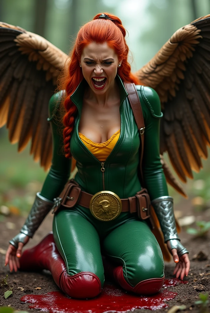 (((De primerísimo primer plano una hermosa mujer de rodillas yelling))),(((Long red hair tied up in a braided ponytail))),(((green top suit with yellow in the middle))),(((Cali green leather pants with red shorts over the pants))),(((Charlize Theron under the mantle of Shayera Holl aka Hawkgirl ))),(((On knees gritando de dolor))),(((Large brown giant falcon wings))),(((Silver metal bracelets on their wrists))),(((Long red boots up to her knees))),(((On knees))),(((yelling))),(((mortally wounded))),(((Blood on his chest))),(((cursed cemetery))),(((Blood all around his body))),(((Wide brown harness on her chest with a round gold plate and a hawk as the Hawkgirl emblem)))