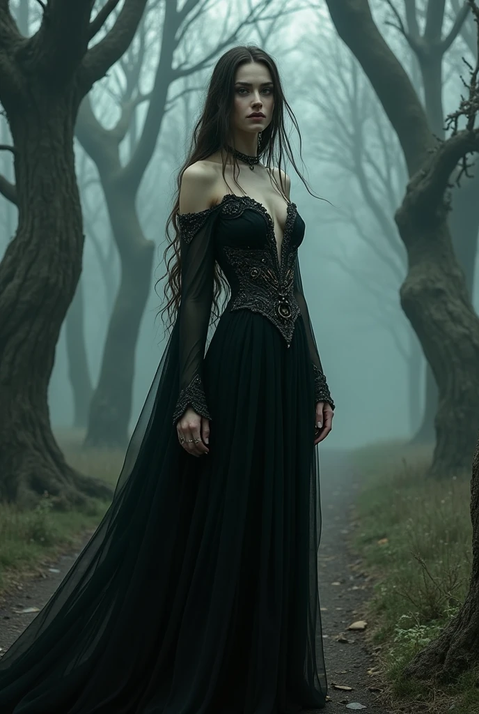 A beautiful goddess of witchcraft, in her ruin black dress, with a scary forest backgorund