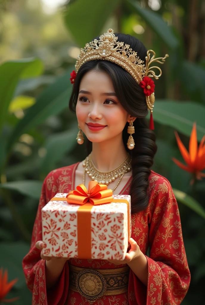 Indonesian woman with a gift in her hands that says: For Roberto Adair Happy Birthday😘