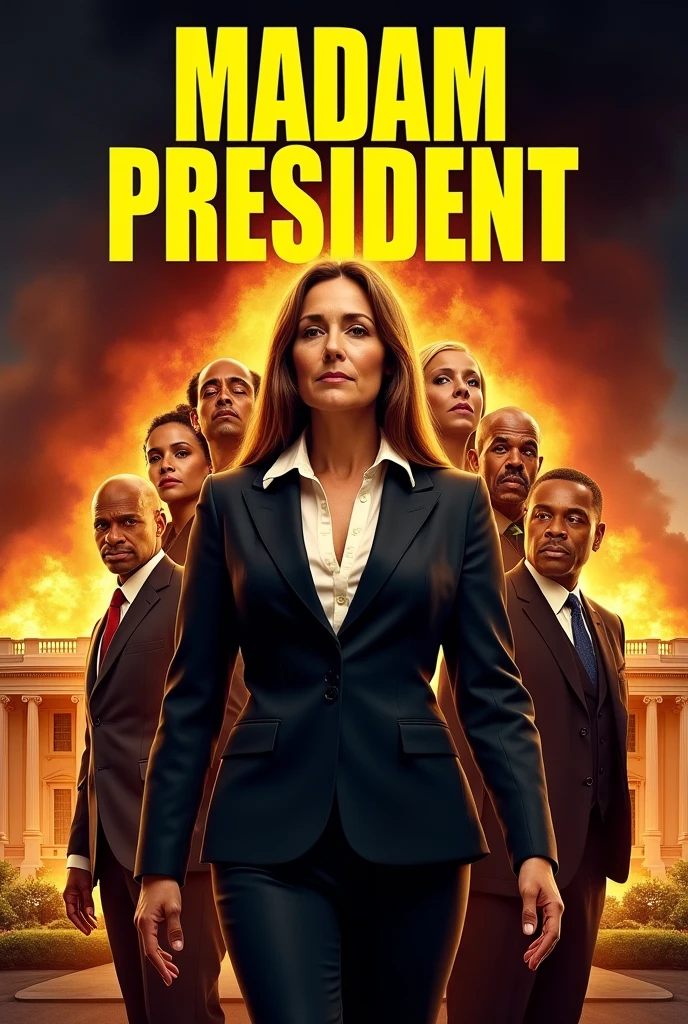 High quality, painted realistic 2000s sci-fi movie poster, titled “Madam President” in bold large Yellow text on top.  In the center is tall ((Jewish Woman)), age 50, dramatic pose, chin up, looking down, thick body, arms crossed, broad shoulders, wide hips, long straight hair, thick thighs, formal suit, (plunging neckline), wide open shirt, behind her are five varying size headshots of other diverse ethnicity actors staggered against each other. The background is the White House on fire and DC in turmoil.  