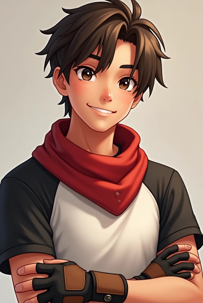 of a smiling brunette with straight brown hair and black eyes wearing a white t-shirt with black sleeves and a red bandana around his neck with black and brown gloves on his hands