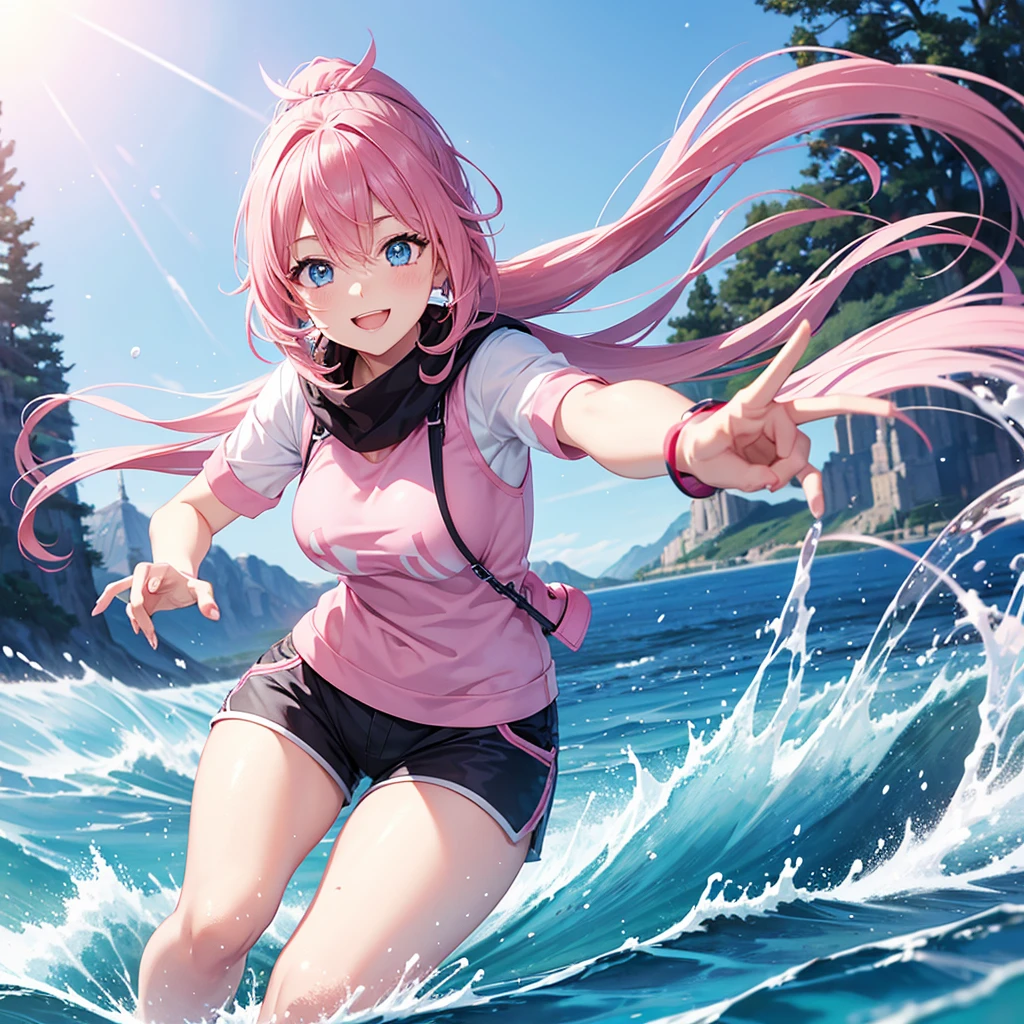 Pink Hair, Long Ponytail,Winter River, A big smile, Shorts, 1 person, Light blue eyes, Slightly enlarged chest, Tempered body, Dynamic pose,Top Idol