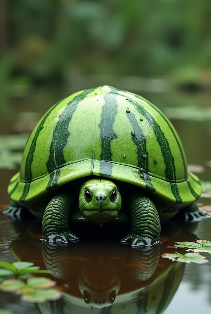 Take a turtle and transform it into a watermelon all over its body. The image is realistic.