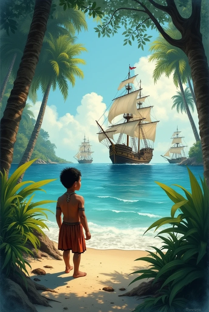 Recreate the scene of the painter, the girl and the Santa Maria arriving in America, do it as if an indigenous child in indigenous clothing were watching from the beach when the ships arrive., There is a lot of jungle around and the color of the image is dark as if it were surrounded by a shadow and in the distance you can see the ships where the Spanish land., As a watermark I want images that refer to Catholicism.