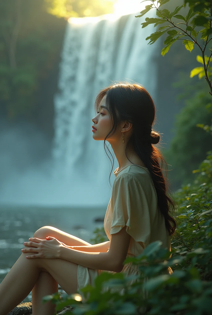 a girl sitting in front of a huge waterfall, listening to music on headphones, beautiful detailed eyes, beautiful detailed lips, extremely detailed eyes and face, long eyelashes, serene expression, relaxed pose, lush greenery, mist and spray from waterfall, golden hour lighting, vibrant colors, cinematic composition, photorealistic, (best quality, 8k, highres, masterpiece:1.2), ultra-detailed, (realistic, photorealistic, photo-realistic:1.37), HDR, vivid colors, studio lighting