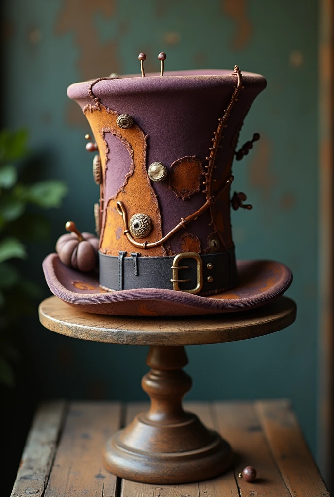 A hat on a hat table that looks like an old-fashioned top hat or beret, but is odd and kind of ugly in old-fashioned shades of purple and orange. 