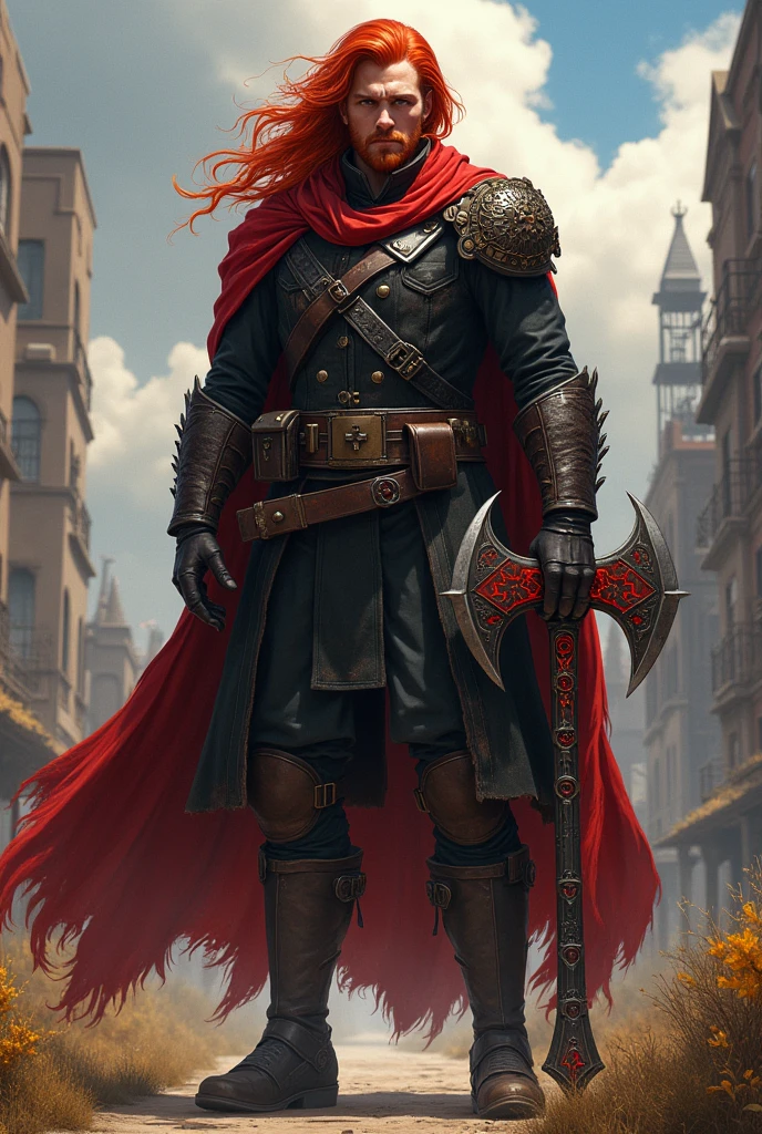 
Morgan, the Crimson Red, is a towering figure at 1.92 meters, with striking, long red hair that flows down to his shoulders in wild, untamed locks. His hair frames a face that exudes both rugged strength and a calm, noble demeanor, with a clean-shaven appearance that highlights his sharp, distinguished features.

His face is robust, radiating a calm and noble demeanor, reflecting his deep respect and sophisticated upbringing. Morgan’s attire consists of a black military lieutenant uniform, which he wears with a tattered cape that has one sleeve intact and the other ripped. This outfit signifies both his military background and the trials he has endured. Known as the "Crimson Red" due to a horrific experiment he was subjected to, Morgan is marked by the Scarlet Blood Curse. This curse resulted from an ill-fated attempt by scientists to create immortal soldiers using a mystical creature's essence. While many perished or gained exceptional powers, Morgan alone suffered a mutative curse. His weapon, a halberd named Murmurius, also absorbed part of this curse. The halberd became a living extension of the curse

Morgan is afflicted by the Scarlet Blood Curse, a result of a failed experiment that attempted to harness the power of a mystical creature. This curse has granted him rapid regeneration and a life-draining ability linked to his weapon. His halberd, named Murmurius, is a cursed relic with a life of its own. The weapon’s design is both menacing and majestic, with dark, intricate engravings that pulse with an eerie light, reflecting the sinister power it holds.

I would like it to be in a mature style, with the art in a fantasy and RPG style set in the Old West.
