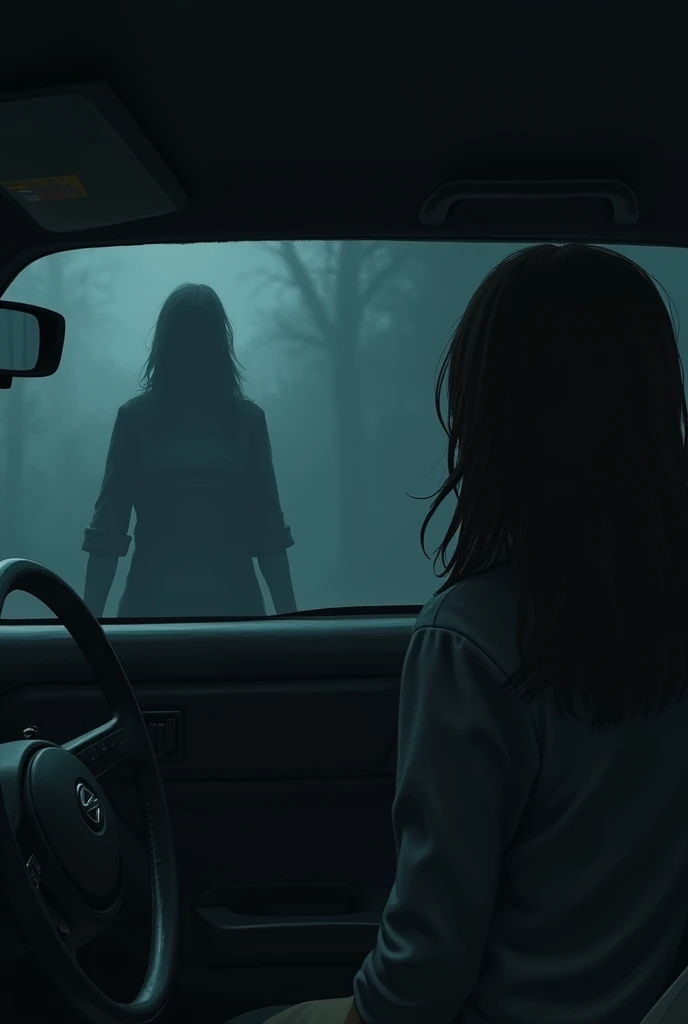 While Tom was checking, Lily saw something in the mirror: A shadowy figure was standing behind the car.