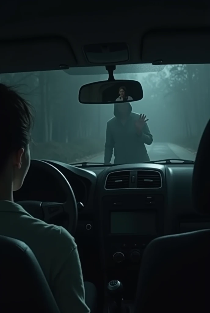 While Tom was checking, Lily saw something in the mirror: A shadowy figure was standing behind the car.