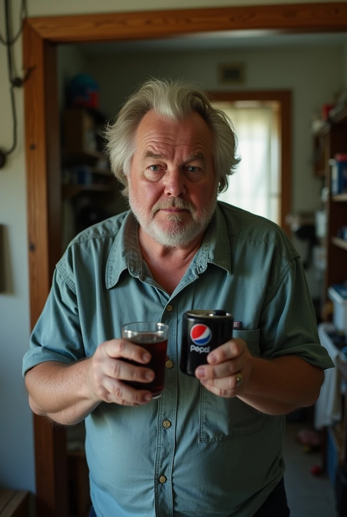 
Fat ugly old man taking a selfie in his messy room with a glass of Pepsi and the view of the photo looks like it&#39;s the selfie he took