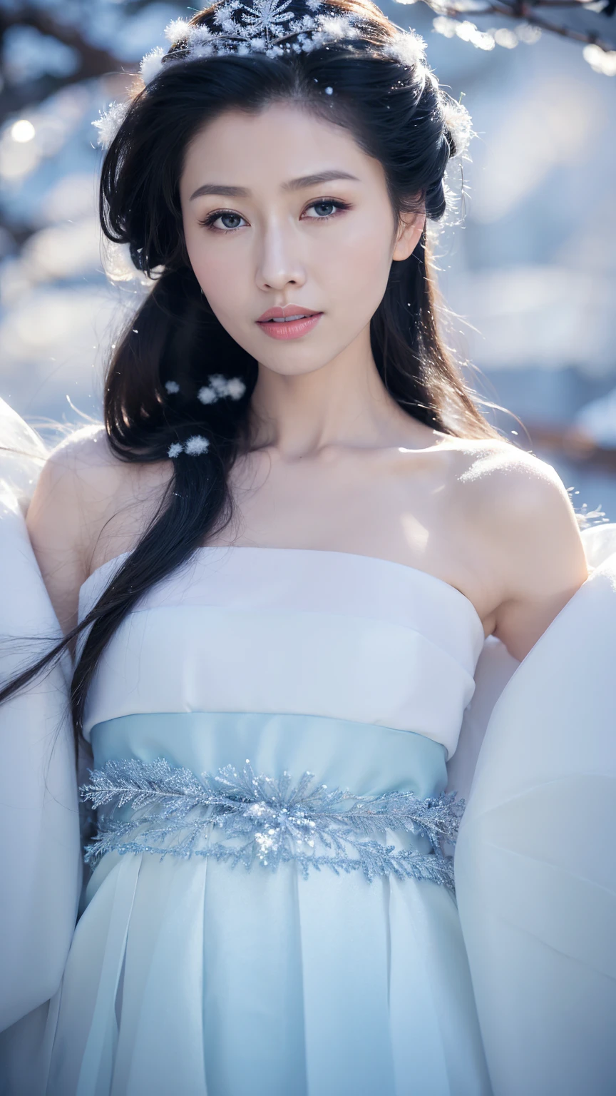 1 Fashion Model [[[[close up]]]], [[[[neck]]]], [[[[Shoulder]]]], (((Complete head)))，(((Complete hairstyle)))，Perfect eyes, Perfect Iris，Perfect lips，Perfect Teeth，Perfect skin，White skin，Soft headlights，High-density imaging，Black long hair，（Clean and delicate face），((Simple fur hanfu))，((Half-length photo))，((The background is a snowy scene))，((winter))，((Various dynamic poses))，((Background with snow and rime))，best quality，masterpiece，（Soft colors：1.2）