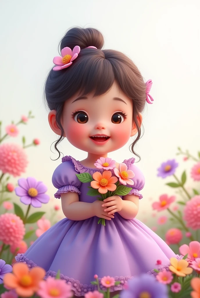 white background,baby girl,wearing cute purple frill frock,holding bunch of 3d flowers,nice smiling face