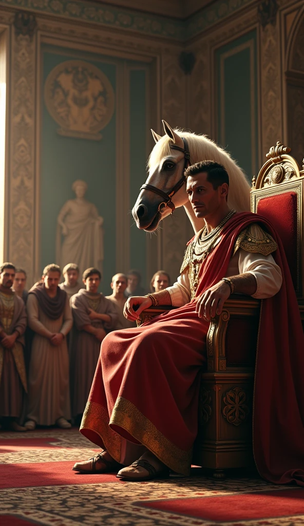 Close-up shot, Low angle shot, (A dramatic scene inside the Senate chamber, with Caligula, wearing a smirk of disdain, seated on a high throne overlooking the room. Incitatus,“a majestic white stallion,"  stands beside him, draped in its senatorial regalia. The senators, with their anxious expressions, are frozen in disbelief as they realize the mockery being made of them. The chamber’s grandeur—high vaulted ceilings, intricate mosaics, and statues of Roman gods—contrasts sharply with the absurdity of a horse in their midst.) unreal engine, cinematic, hyper-real, highly detailed, Ultra realistic HD --q 2 --v 6.1 --ar 9:16  