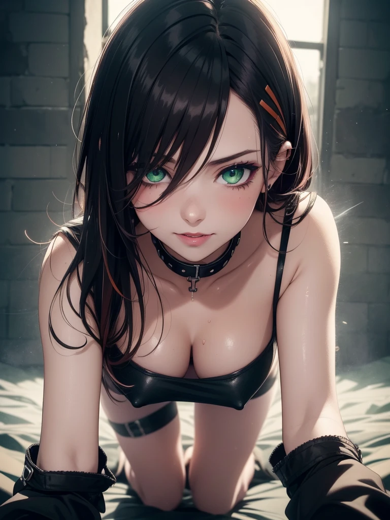 super high image, super detail, super high resolution, dark room with intense light, cute 1 girl, crawling on all fours, facial close-up, ((covered in semen)), skinny, small breasts, no cleavage, moist shiny lips, grinning, mischievous, light-orange hair, messy wild short hair, (hairpins), ((hair covering face)), green sparkling eyes, seductive eyes, (glossy dark eyeshadow), blush, sweaty, collar, buckles, black ripped t-shirt, ripped jeans, fish net stockings, punk rock, night time