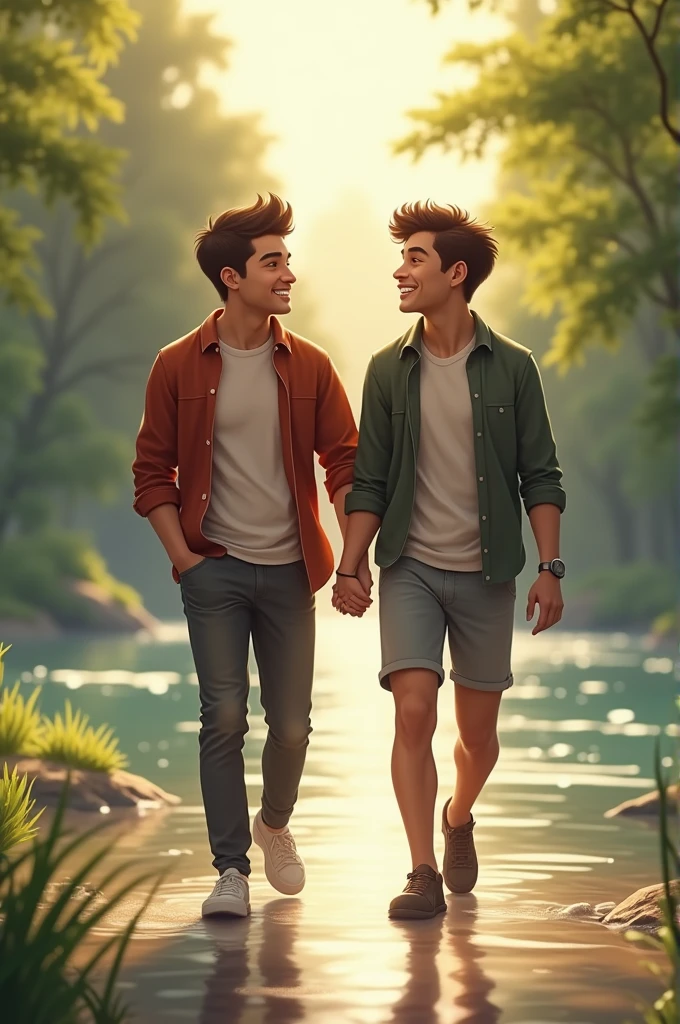 Liam and Sam walking together with the river in the background, both smiling.
Represents the strength of their friendship.