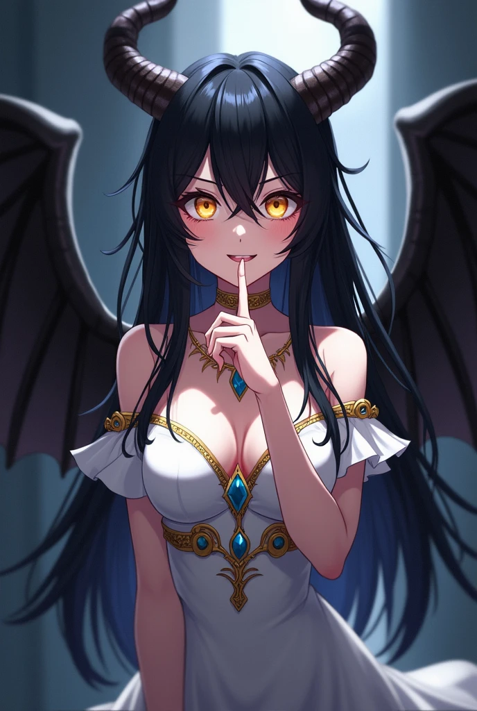 A demonic and seductive looking anime character, with black wings, long dark flowing hair, bright golden eyes, and curved horns like those of a ram. has pale skin, a mischievous smile and a playful and mysterious expression, holding a finger to his lips as if silencing someone. She wears a white dress with intricate detailing and gold accents, along with a blue gem on his chest. The scene is dramatically lit., with soft shadows that enhance her sharp features, as the background fades into darkness, adding an enigmatic and magical touch. The style is a mix of anime fantasy with intricate details, Capturing an intense portrait, close and dynamic