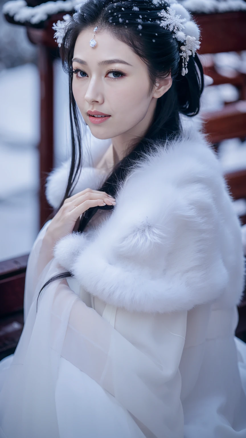 1 Fashion Model [[[[close up]]]], [[[[neck]]]], [[[[Shoulder]]]], (((Complete head)))，(((Complete hairstyle)))，Perfect eyes, Perfect Iris，Perfect lips，Perfect Teeth，Perfect skin，White skin，Soft headlights，High-density imaging，Black long hair，（Clean and delicate face），((Simple fur hanfu))，((Half-length photo))，((The background is a snowy scene))，((winter))，((Various dynamic poses))，((Background with snow and rime))，best quality，masterpiece，（Soft colors：1.2）