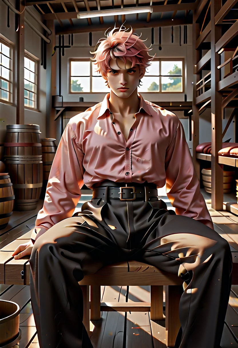 Muscular man, defined body, developed body, kung fu fighter, red blouse with buttons, long black pants of black color, black belt at the waist, spiky hair, short hair of black color (hair with pink locks at the ends), wrestler's shoes, look of tiredness, sitting on the burdens of an old warehouse, abandoned warehouse of the interior, medieval setting.