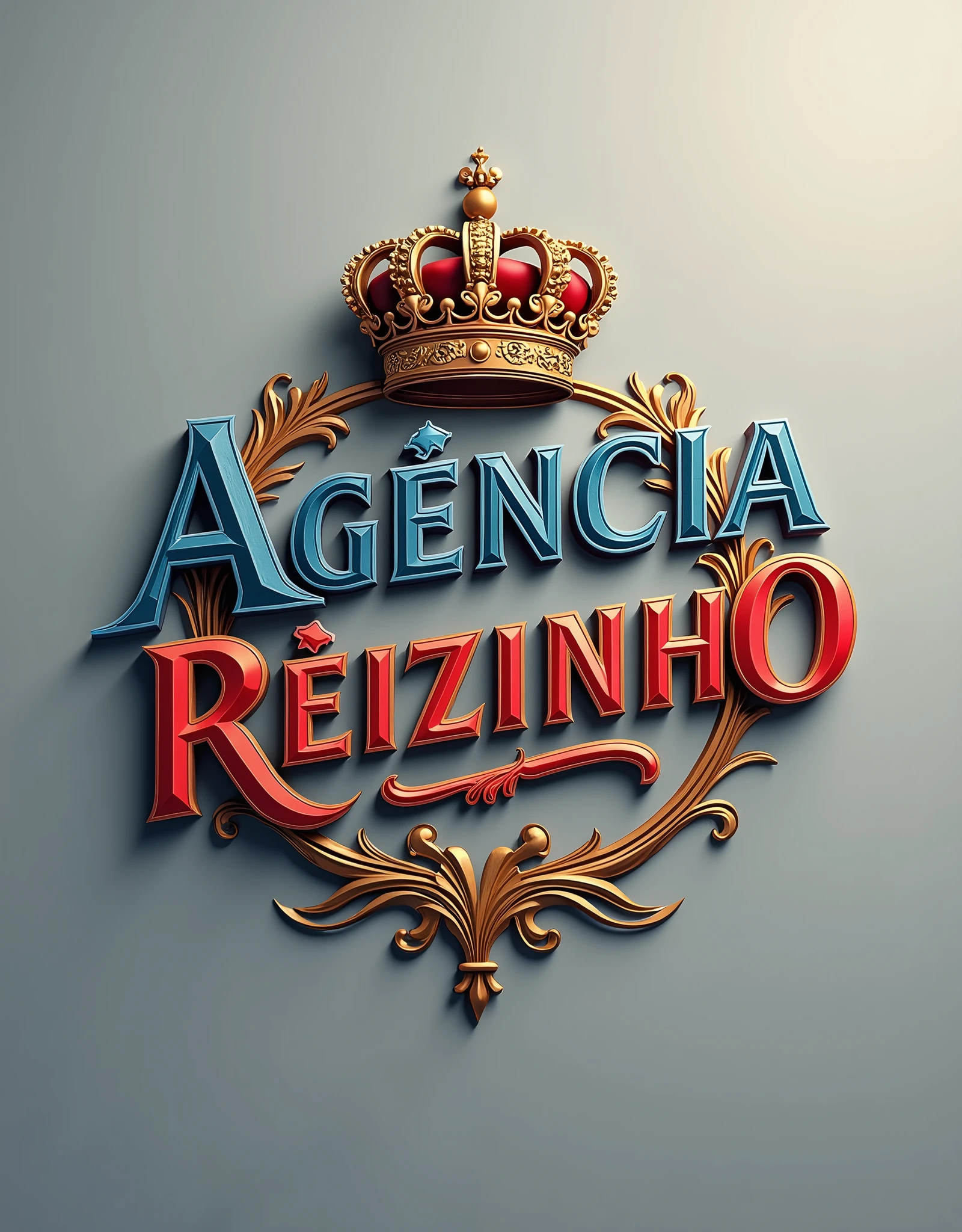 Logo brand with the name AGÊNCIA REIZINHO with very beautiful letters , agency can be one color and REIZINHO in golden color , with the background in gray or neutral colors , having as a symbol a crown and having the colors blue, red and gold.