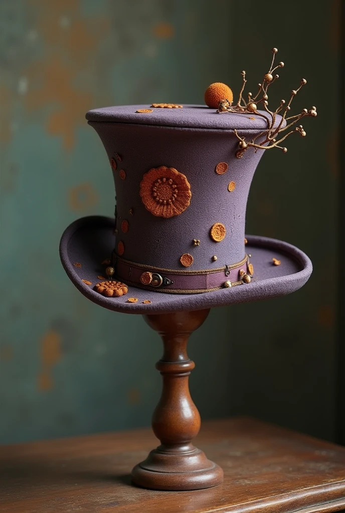 A hat on a hat table that looks like an old-fashioned top hat or beret, but is odd and kind of ugly in old-fashioned shades of purple and orange.