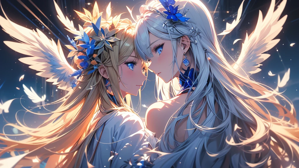 4K quality:1.2,Super beautiful illustration:1.2,seraphim,((6 white wings on the back)),blond,long hair styles,((Beautiful cobalt blue eyes:1.2)),sky