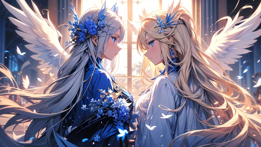 4K quality:1.2,Super beautiful illustration:1.2,seraphim,((6 white wings on the back)),blond,long hair styles,((Beautiful cobalt blue eyes:1.2)),sky