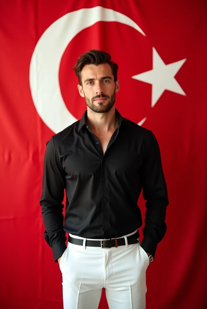 A turkey flag full background on wall horizontal and a handsome hot Pakistani guy is standing after that background wearing black dress shirt with top three buttons open and white dress pents with normal body 