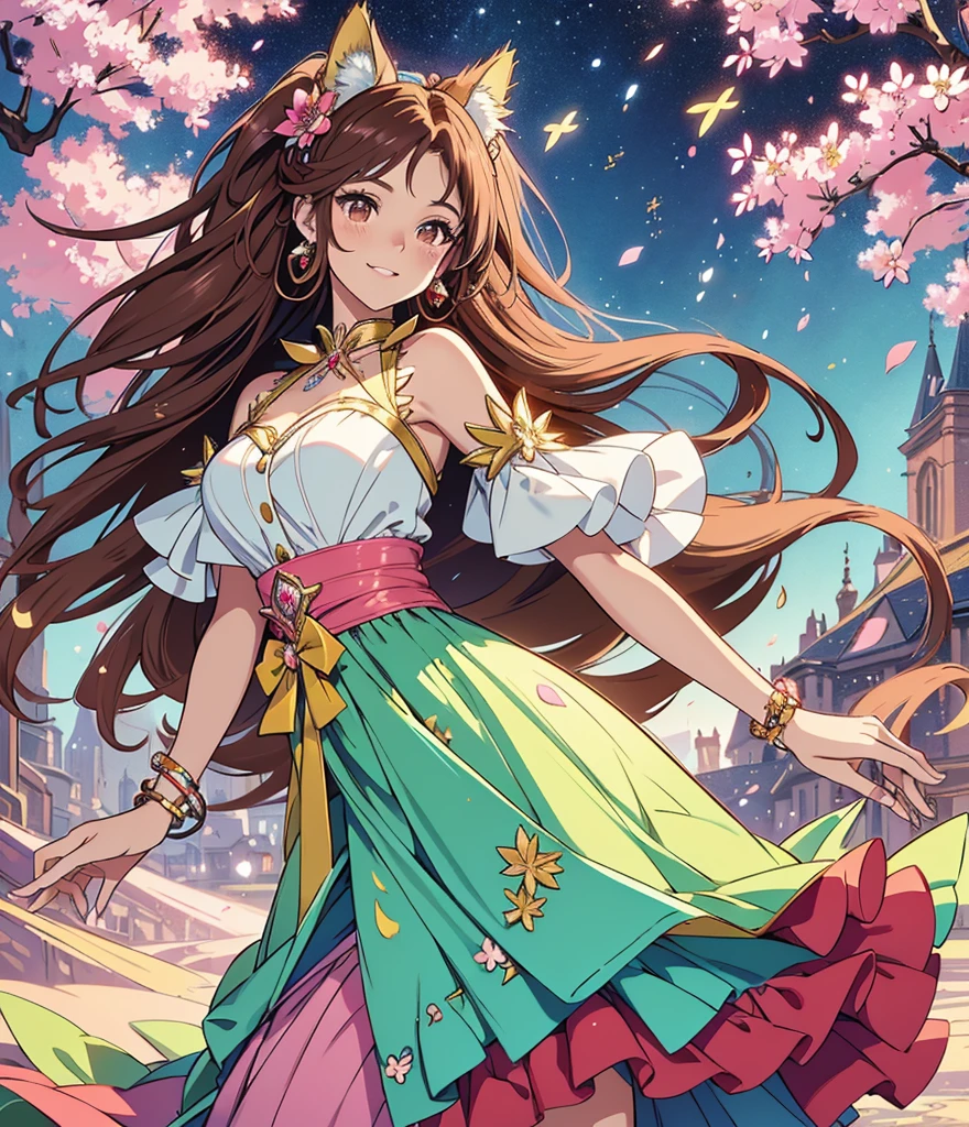 (best quality,4k,8k,highres,masterpiece:1.2),ultra-detailed,(realistic,photorealistic,photo-realistic:1.37),acrylic painting,beautiful Brazilian model with downy hair,beautiful Brazilian model with extremely colorful brown hair and detailed facial features,beautiful Brazilian model standing in a beautiful garden surrounded by a starry sky,pink hair,beautiful Brazilian model wearing a vibrant rose red outfit,beautiful Brazilian model with intricate accessories,cat ears, ,beautiful Brazilian model with long flowing twintails,beautiful Brazilian model with bright brown eyes and rosy lips,beautiful Brazilian model with a joyful expression,beautiful Brazilian model in a dynamic pose with cherry blossoms falling around her,beautiful Brazilian model surrounded by colorful flowers and butterflies,beautiful Brazilian model's school uniform outfit adorned with cute bows and lace details,beautiful Brazilian model with an enchanting smile,beautiful Brazilian model with soft, pastel-colored shading,beautiful Brazilian model with a magical glow illuminating her,beautiful Brazilian model in a picturesque setting with a winding path leading to a magnificent castle,beautiful Brazilian model with a fairytale-like background,beautiful Brazilian model with a soft, dreamy atmosphere,beautiful Brazilian model with a subtle bokeh effect,beautiful Brazilian model standing under a sunny sky,beautiful Brazilian model with a warm, golden sunset in the background,beautiful Brazilian model surrounded by twinkling stars and colorful nebulae,creating an ethereal and captivating artistic masterpiece, up close, facing camera.