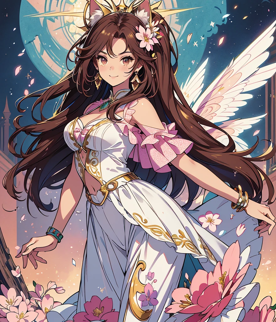 (best quality,4k,8k,highres,masterpiece:1.2),ultra-detailed,(realistic,photorealistic,photo-realistic:1.37),acrylic painting,beautiful Brazilian model with downy hair,beautiful Brazilian model with extremely colorful brown hair and detailed facial features,beautiful Brazilian model standing in a beautiful garden surrounded by a starry sky,pink hair,beautiful Brazilian model wearing a vibrant rose red outfit,beautiful Brazilian model with intricate accessories,cat ears, ,beautiful Brazilian model with long flowing twintails,beautiful Brazilian model with bright brown eyes and rosy lips,beautiful Brazilian model with a joyful expression,beautiful Brazilian model in a dynamic pose with cherry blossoms falling around her,beautiful Brazilian model surrounded by colorful flowers and butterflies,beautiful Brazilian model's school uniform outfit adorned with cute bows and lace details,beautiful Brazilian model with an enchanting smile,beautiful Brazilian model with soft, pastel-colored shading,beautiful Brazilian model with a magical glow illuminating her,beautiful Brazilian model in a picturesque setting with a winding path leading to a magnificent castle,beautiful Brazilian model with a fairytale-like background,beautiful Brazilian model with a soft, dreamy atmosphere,beautiful Brazilian model with a subtle bokeh effect,beautiful Brazilian model standing under a sunny sky,beautiful Brazilian model with a warm, golden sunset in the background,beautiful Brazilian model surrounded by twinkling stars and colorful nebulae,creating an ethereal and captivating artistic masterpiece, up close, facing camera.