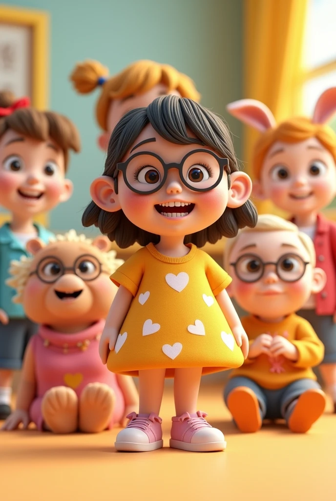 Create a 3D cartoon-style image featuring 7 distinct characters, each with unique physical traits and outfits.

A 2 woman with a round face, cute appearance, and glasses. She has a chubby figure and a wide smile showing her teeth. She is wearing a heart-patterned dress and is posing in a cute manner.