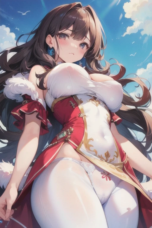 ((Best Quality)), ((masterpiece)), ( Very detailed), 1 girl, blue tight dress, pink fur, detailed wavy hair, big breasts, wide hips, white panties, looking at the viewer, sad face,((Whole body)),((view from below))