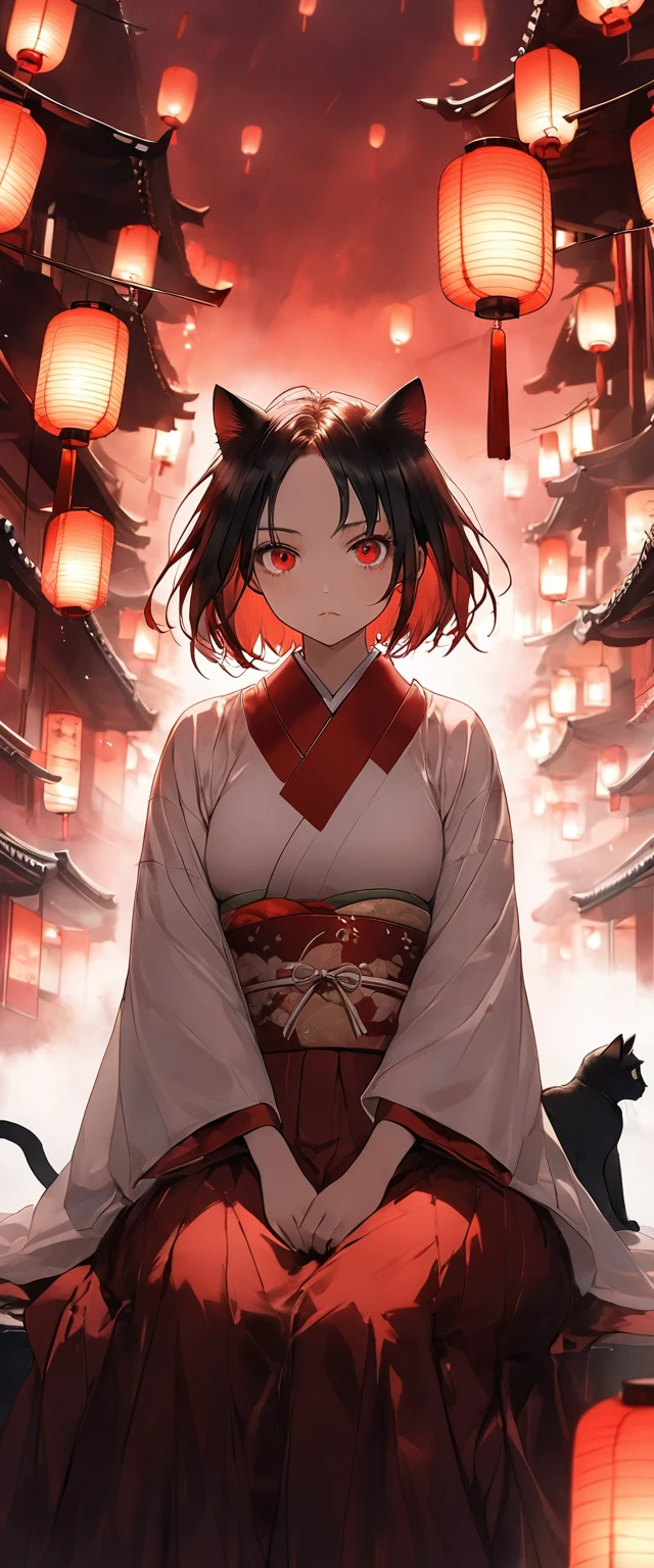 A woman in a shiny scarlet samurai costume。Long skirt。Sharp Eyes。Sitting。Messy red short hair。forehead。Cat ear。Cat Eyes。 White Wilderness。A world of thick fog,。clothes are blowing in the wind。Serious expression。knife。Many small floating lanterns。alone。neo tokyo。Japan。Red Sky。Chiaroscuro,
