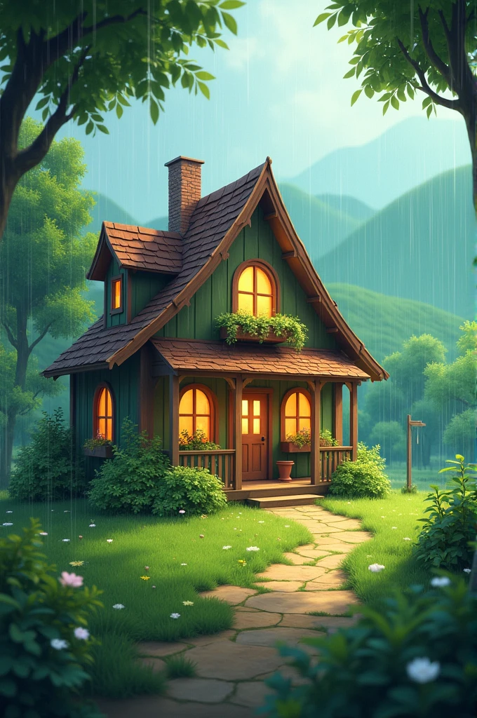 A peacegul view of a pretty little house in the middle of greenery and beauty in rain
