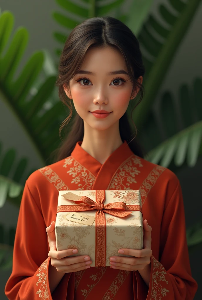 Indonesian woman with a gift in her hands that says: For Roberto Adair.
