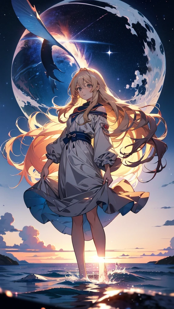 Long Hair Anime Girl standing in the water with a fish, Anime girl with space-like hair, Anime Girl Desktop Backgrounds, Long Hair Anime Girl, Anime Images, hd Anime Wallpaper, Anime HD Wallpaper, Anime Wallpaper, blonde long-haired anime, HDAnime Wallpaper, Beautiful Anime, Beautiful peaceful scene in anime, Beautiful Anime girl, Magical long hair