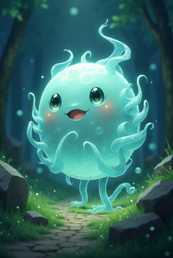 (Soul eater soul), round, no legs, soul eater art style, made of soul, aura, adorable, semi realistic, ghibli, princess mononoke, spirit, excited eyes