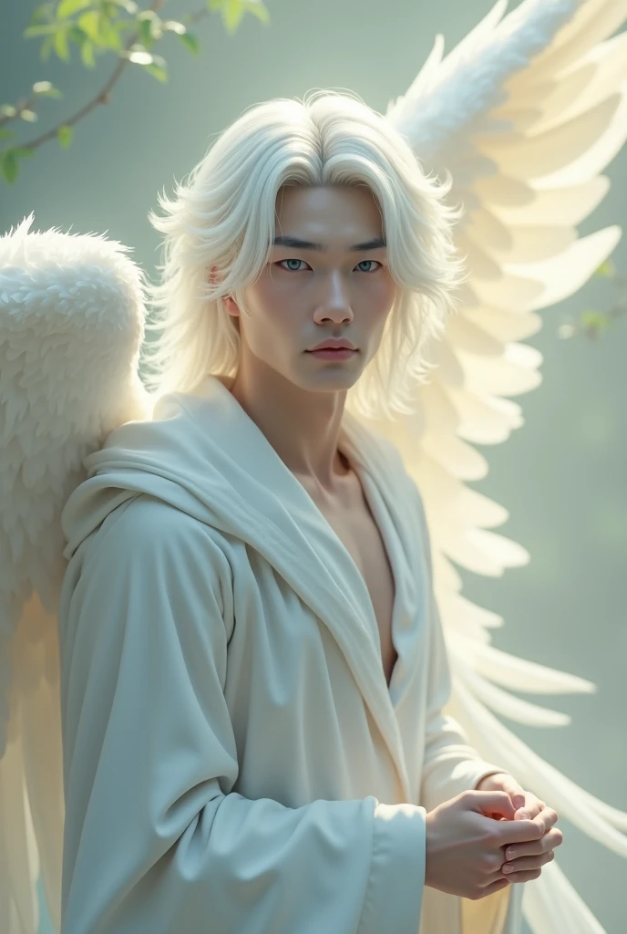 Japanese　boy　Angel　god々Shii　Handsome　優Shii　It&#39;s like I&#39;m talking to you　front, A gentle, white and gold-winged male pale white skinned, white hair, blue eyes, Asian Korean features, Athletic body, mid 30s angel (simple design) - Soft colors, with a subtle glow - Ethereal background, with a subtle texture I want it as a man, walking through the garden of Eden, 32K UHD, best quality, masterpiece, Style Raw, hyperrealistic.