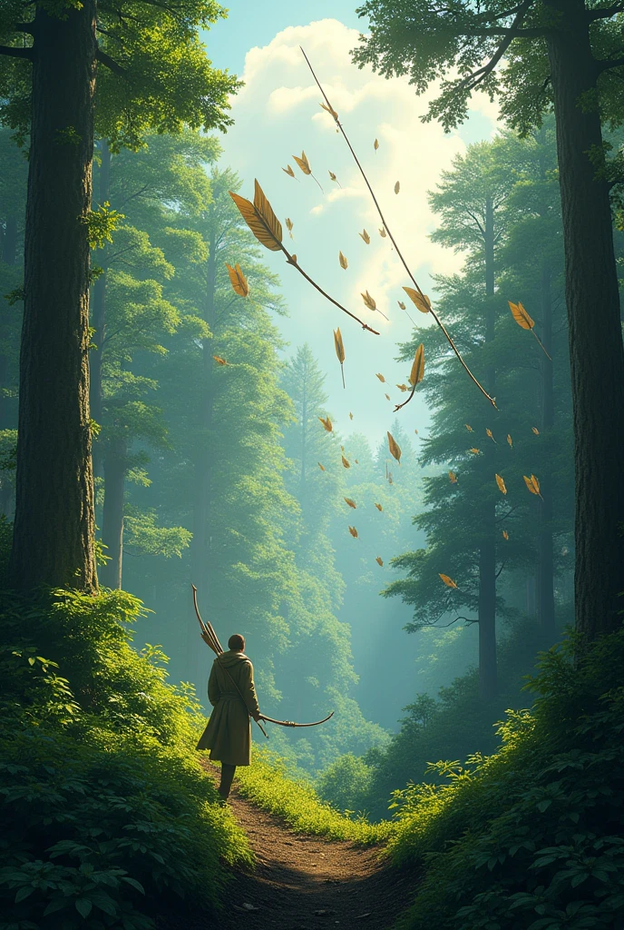 I need a back ground with forrest multiple original arrows like 100 comming from right to left