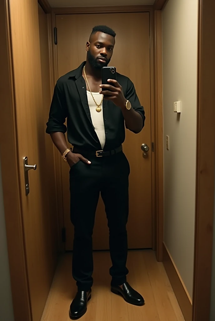 disposable camera shot of a muscular handsome Dark Skinned young big Black man, a short beard fade, very short haircut, wearing a black slightly unbuttoned tucked in short sleeve bowling shirt, white tank, belt, gold bracelet, black chino pants, with black luxury penny loafers, at night, standing, taking a closet door mirror selfie in his modern apartment