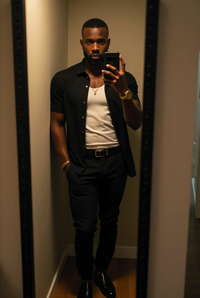 disposable camera shot of a muscular handsome Dark Skinned young big Black man, a short beard fade, very short haircut, wearing a black slightly unbuttoned tucked in short sleeve bowling shirt, white tank, belt, gold bracelet, black chino pants, with black luxury penny loafers, at night, standing, taking a closet door mirror selfie in his modern apartment
