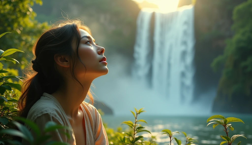 a girl sitting in front of a huge waterfall, listening to music on headphones, beautiful detailed eyes, beautiful detailed lips, extremely detailed eyes and face, long eyelashes, serene expression, relaxed pose, lush greenery, mist and spray from waterfall, golden hour lighting, vibrant colors, cinematic composition, photorealistic, (best quality, 8k, highres, masterpiece:1.2), ultra-detailed, (realistic, photorealistic, photo-realistic:1.37), HDR, vivid colors, studio lighting