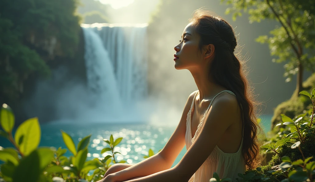 a girl sitting in front of a huge waterfall, listening to music on headphones, beautiful detailed eyes, beautiful detailed lips, extremely detailed eyes and face, long eyelashes, serene expression, relaxed pose, lush greenery, mist and spray from waterfall, golden hour lighting, vibrant colors, cinematic composition, photorealistic, (best quality, 8k, highres, masterpiece:1.2), ultra-detailed, (realistic, photorealistic, photo-realistic:1.37), HDR, vivid colors, studio lighting