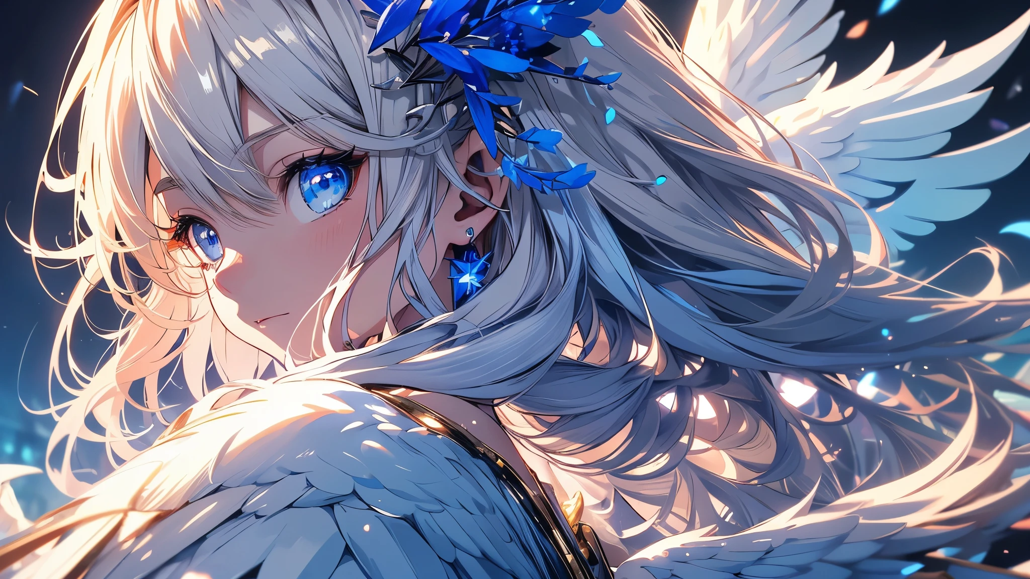 4K quality:1.2,Super beautiful illustration:1.2,seraphim,((6 white wings on the back)),blond,long hair styles,((Beautiful cobalt blue eyes:1.2)),sky