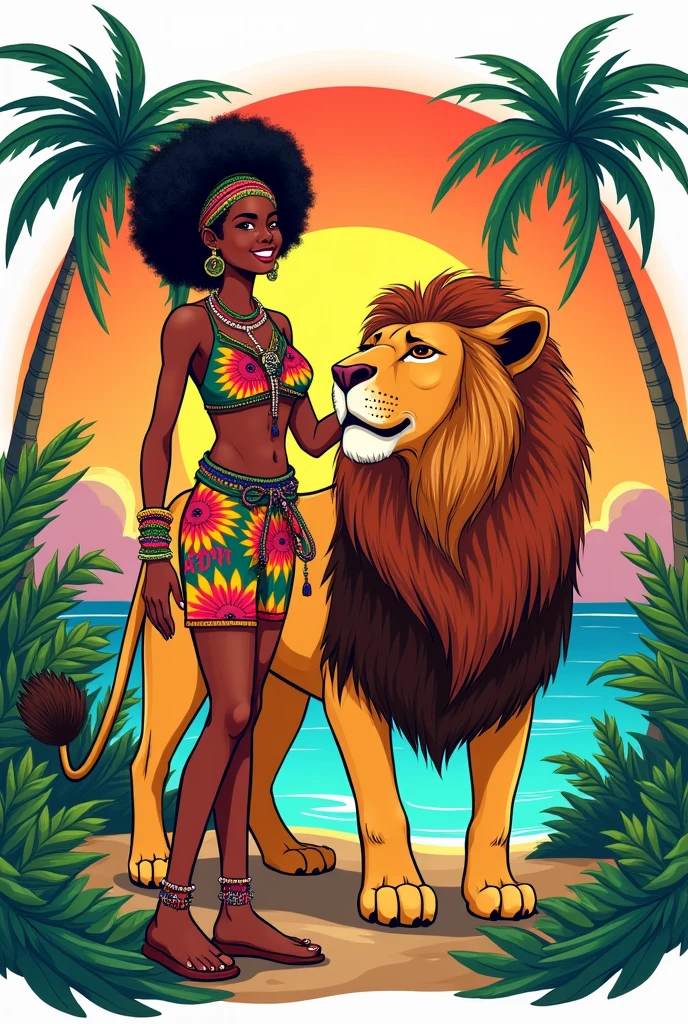 Rastafarian black girl with a lion enjoying the sunrise, colorful summer outfit stands out, Energetic and lively scene.Caribbean, illustration, coloring book, black and white, white background