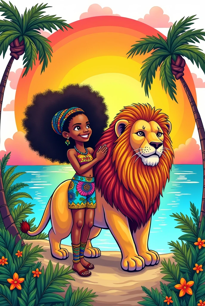 Rastafarian black girl with a lion enjoying the sunrise, colorful summer outfit stands out, Energetic and lively scene.Caribbean, illustration, coloring book, black and white, white background