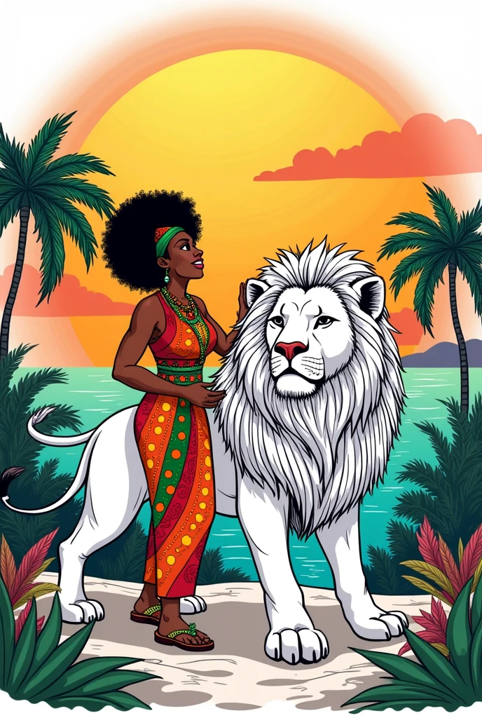 Rastafarian black girl with a lion enjoying the sunrise, colorful summer outfit stands out, Energetic and lively scene.Caribbean,  illustration,  coloring book, black and white, white background 