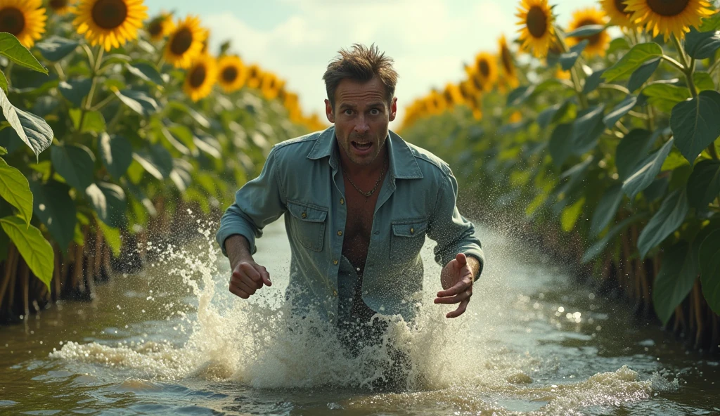 professional realism photos, the man landed in the water, chased by a sunflower plant, an evil sunflower plant, man running terrified, dynamic movement, man running forward, very shaky hands, 34K