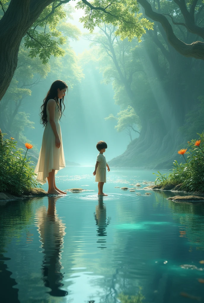 After washing her hands and feet in the pond, Puri looked into the pond and saw a boy walking over the pond.