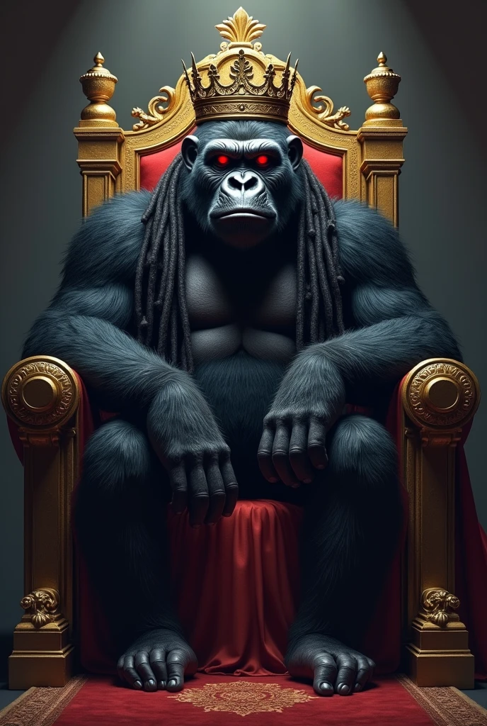 Create a gorilla sitting proudly on a throne wearing a crown and has dread with a dark closed mouth smile and deep dark stare with his deep glowing Red eyes