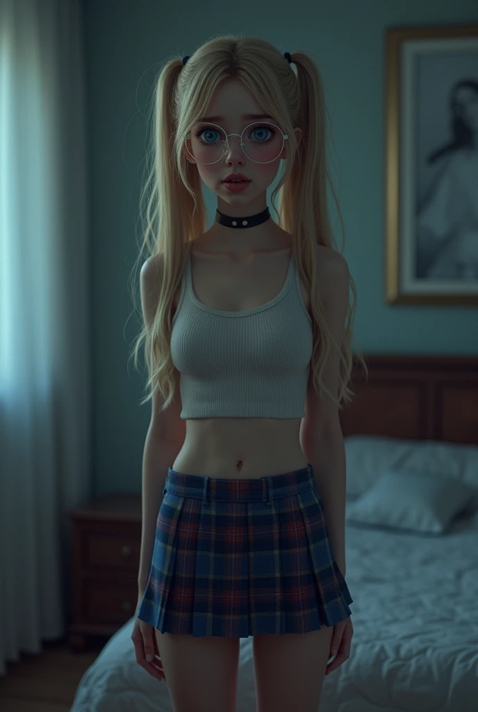 secondary school, night, ultra realism, photorealistic, beautiful sexy little tween Russian school girl, thin, long blonde hair, blue eyes, nice bottom, nice bottom, big red lips, dressing like a whore, tiny short blue plaid skirt, scared, nice legs, nice bottom, standing on bedroom at night, ultra realistic, wearing glasses, wearing cropped top, fit, wearing choker, ponytail, ful body image, intimidated, begging, front view
